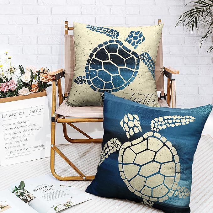 Beach Room Decor Pillow Covers Nautical Coastal Sea Turtle Throw Pillowcase 18x18 Set of 2 Blue Beige Square Linen Pillow Covers for Living Room Car Outdoor