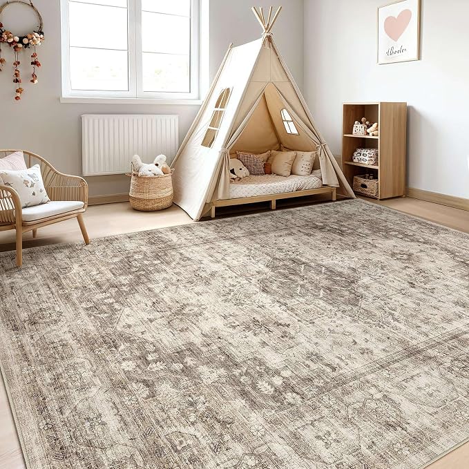 7x9 Area Rug Living Room: Washable Boho Large Neutral Vintage Soft Rug Stain Resistant Farmhouse Non Slip Indoor Floor Carpet for Bedroom Nursery Kids Playroom Office Dining Room- Tan