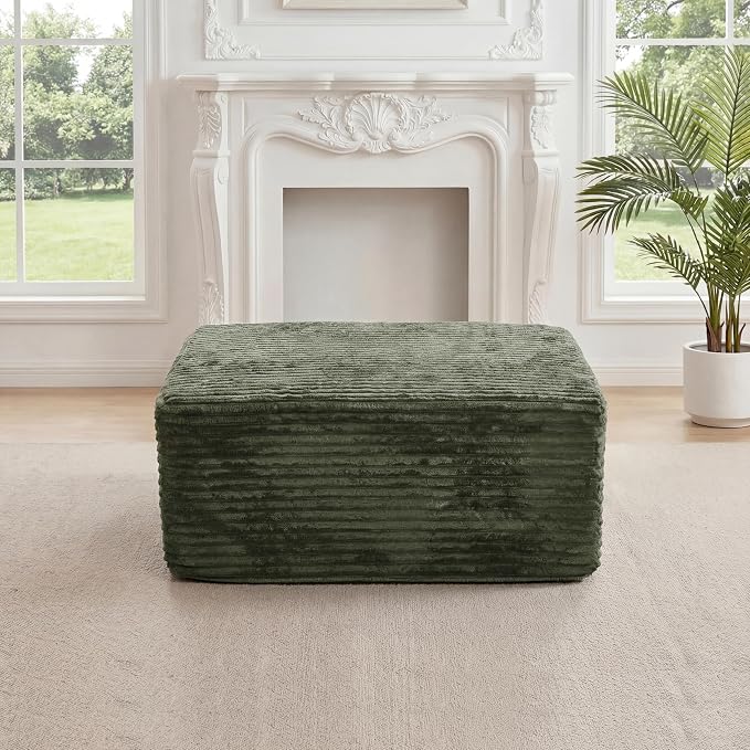 27.56'' Plush Fluffy Corduroy Poofy Ottoman in a Box for Boneless Sofa Couch, Modern Compressed Foot Rest, Small Comfy Rectangle Boneless Pouf Footstool Ottoman for Living Room, Bedroom, Olive Green