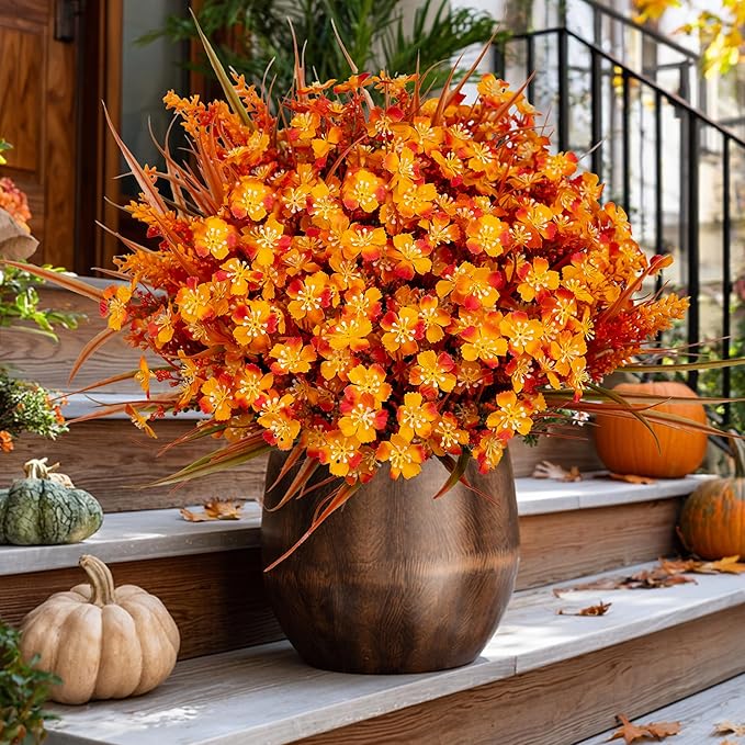 AXYLEX Artificial Fall Flowers Outdoor Fake Mums - 16 Bundles Fake Plants UV Resistant No Fade Faux Plastic Greenery Garden Porch Patio Fall Home Decor (1, OrangeGreen)