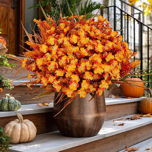 AXYLEX Artificial Fall Flowers Outdoor Fake Mums - 16 Bundles Fake Plants UV Resistant No Fade Faux Plastic Greenery Garden Porch Patio Fall Home Decor (1, OrangeGreen)