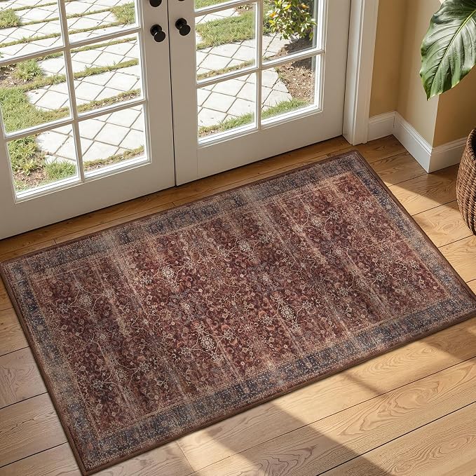 Brick Red 2x4 Rugs for Entryway, Vintage Print Low Pile Thin Kitchen Rugs Non Slip Washable, Rustic Farmhouse Distressed Small Rug for Bathroom Bedroom, Door Mat Indoor Entrance Entry Way
