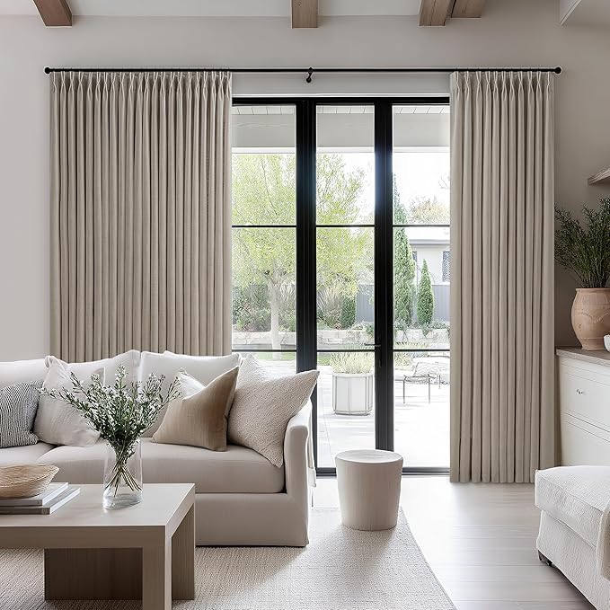 Pinch Pleated Linen 96 Inch Curtains 60 Inch Width for Living Room Divider Light Filtering Thick Burlywood Birch Linen Extra Wide Patio Curtains for Sliding Door Floor to Ceiling Window 1 Panel