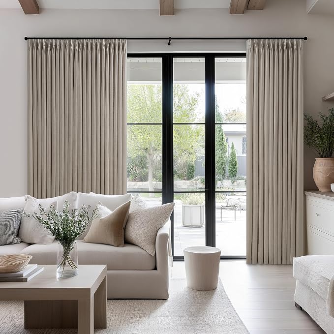 Pinch Pleat Linen Curtains 90 Inches Long 100 Inch Wide for Patio Sliding Door Light Filtering Taupe Pleated Drapes Back Tab Burlywood Birch Living Dining Room Extra Wide 100 x 90 Curtain 1 Panel
