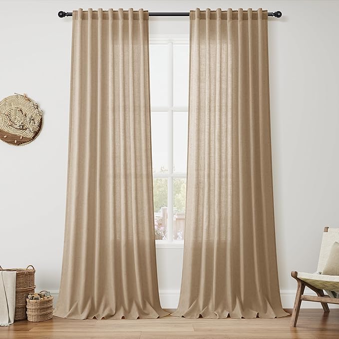 Nanspring Sand Beige Curtains 120 Inches Long for Living Room Linen Textured Simple Modern Semi Sheer Curtains Back Tab Floor to Ceiling Lightweight Curtain for Bedroom Office 52x120, 2 Panels