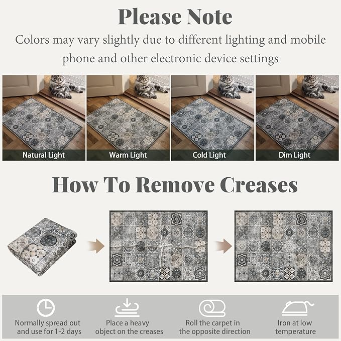 Washable Entryway Rug 3'x5 Non-Slip Backing Vintage Indoor Rug Low Pile Lighrweight Carpet for High-Traffic Indoor Entrance & Kitchen Farmhouse Decor