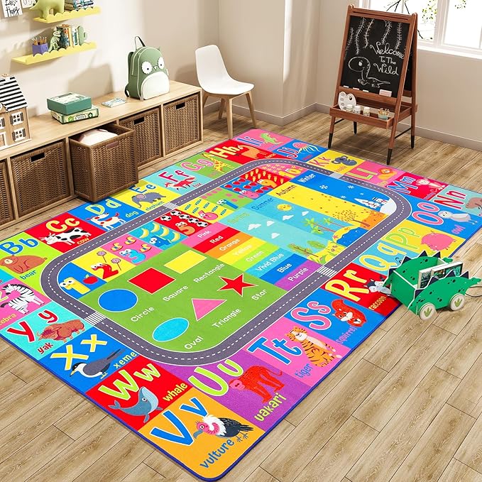 HOMORE Kids Educational Rug, 8x10 Kids Collection Area Rug for Learning Alphabet, Numbers, Colors, Season and Animal Words, Playmat for Classroom Playroom