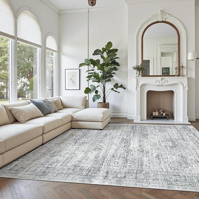 Soalmost Washable Area Rug 8x10, Large Soft Rugs for Living Room Farmhouse Vintage Gray Area Rugs for Bedroom Dining Room Non-Slip Stain Resistant Under Table Rug Grey