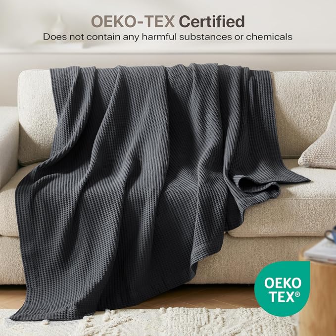 Madison Park 100% Cotton Blanket, Trendy Woven Waffle Weave Design, All Season, Lightweight, Breathable, Soft and Cozy Casual Summer Cover, for Bed, Couch and Sofa, King (108 in x 90 in), Dark Grey