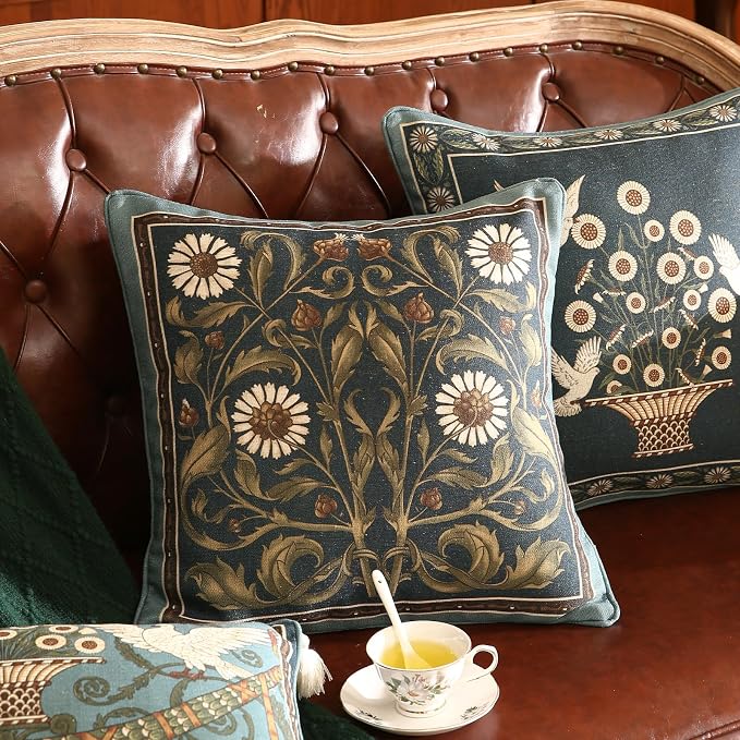 bilin gaier Green Throw Pillow Covers Set of 1,French Farmhouse with White Birds and Flowers Pattern Linen Pillowcases,Decorative Square Pillows Cushion Covers for Couch Sofa Bed Chair,18x18 Inches