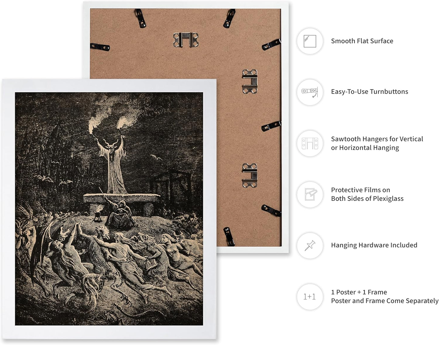 Poster Master Vintage Gustave Dore Poster - Retro Illustration Print - Gift for Gothic, Horror Fan - Dance of Sabbath, Witch, Magic, Spell - Wall Decor for Bedroom, Dorm, 16x20 White Framed