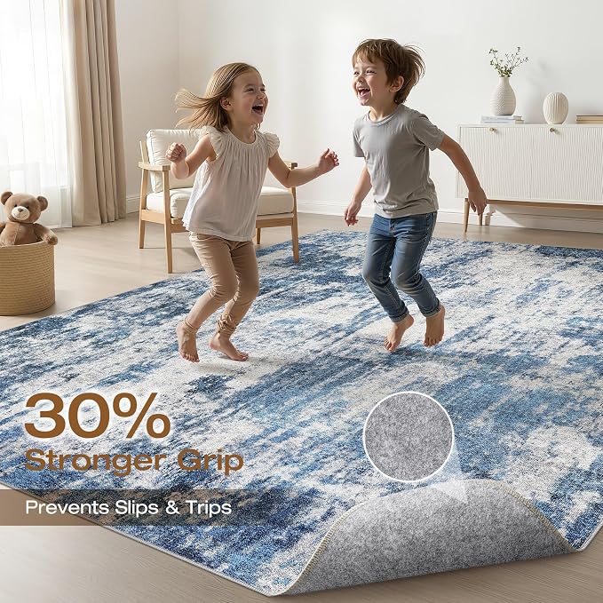 6x9 Area Rugs Living Room: Washable Large Neutral Rug Abstract Soft Modern Stain Resistant Indoor Floor Non-Slip Carpet for Bedroom Nursery Kids Office Playroom Dining Room Under Table- Navy Gray