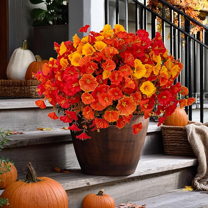 AXYLEX Artificial Fall Flowers Outdoor Fake Mums - 16 Bundles Fake Plants UV Resistant No Fade Faux Plastic Greenery Garden Morning Glory Home Decor (1, MixedFall 4 Colors)