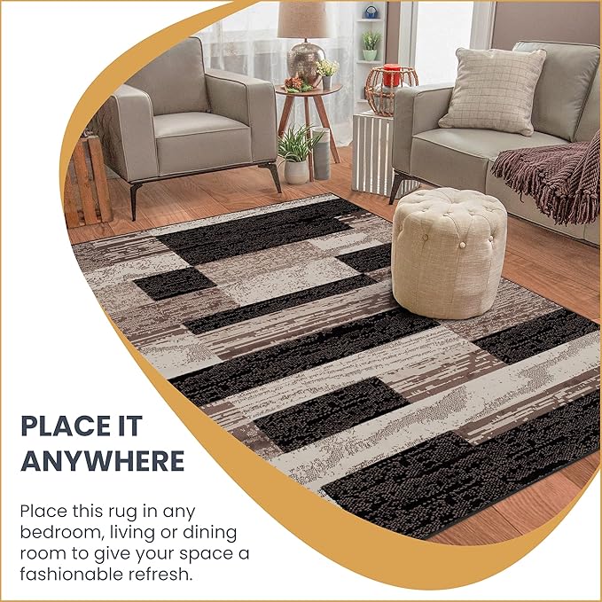 SUPERIOR Indoor Area Rug, Jute Backed, Modern Geometric Patchwork Floor Decor for Bedroom, Office, Living Room, Entryway, Hardwood Floors, Rockwood Collection, 6' x 9', Chocolate