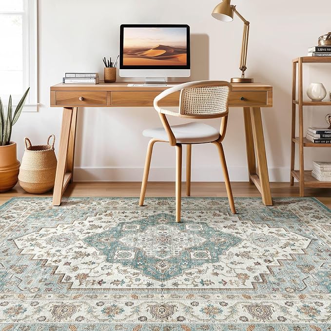 10x12 Area Rug Living Room: Washable Boho Large Neutral Vintage Soft Rug Stain Resistant Farmhouse Non-Slip Indoor Floor Carpet for Bedroom Nursery Kids Playroom Office Dining Room Home- Teal Brown