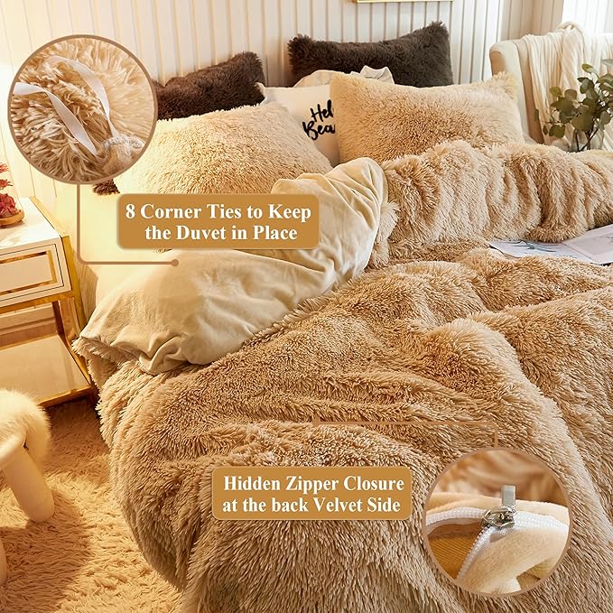 XeGe Plush Shaggy Duvet Cover Set, Luxury Ultra Soft Crystal Velvet Fluffy Bedding Sets 3 Pieces(1 Furry Faux Fur Comforter Cover + 2 Fuzzy Faux Fur Pillowcases), Zipper Closure(Queen, Camel)