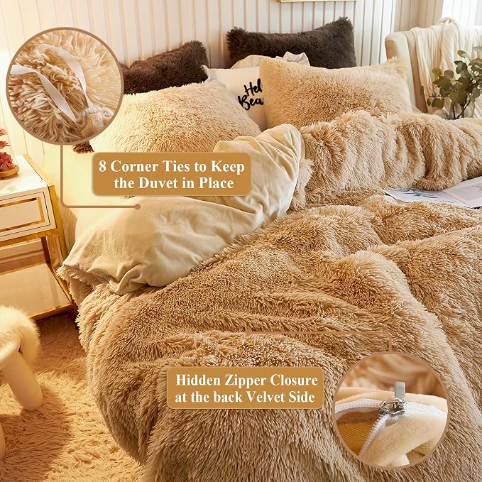 XeGe Plush Shaggy Duvet Cover Set, Luxury Ultra Soft Crystal Velvet Fluffy Bedding Sets 3 Pieces(1 Furry Faux Fur Comforter Cover + 2 Fuzzy Faux Fur Pillowcases), Zipper Closure(King, Camel)