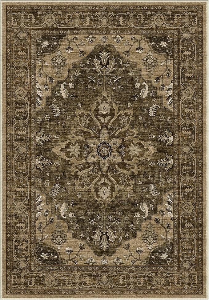 RELEANY Area Rugs Round 6ft Washable Non-Slip, Floral Vintage Distress Print Pattern Medallion Carpet for Living Room Bedroom Dining Room, Brown Dark Brown