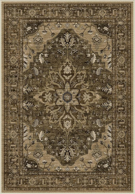 RELEANY Area Rugs Round 6ft Washable Non-Slip, Floral Vintage Distress Print Pattern Medallion Carpet for Living Room Bedroom Dining Room, Brown Dark Brown