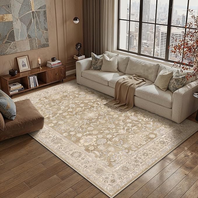 6x9 Taupe Washable Area Rug for Living Room Bedroom Neutral Soft Floral Non Slip Large Throw Rug Lightweight Vintage Low Pile Distressed Carpet Office Playroom Home Decor