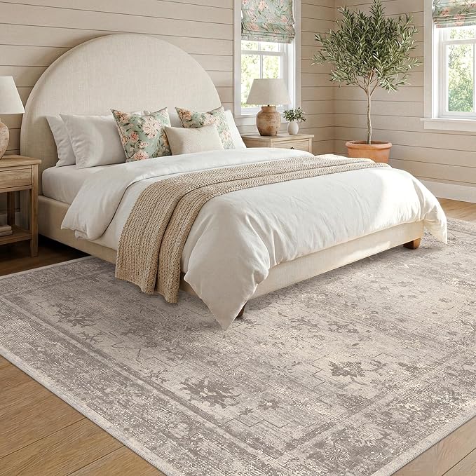 Greige 6x9 Washable Area Rug for Living Room, Distressed Granite-Inspired Geometric Rug for Dining Room & Bedroom, Soft Low Pile Non-Slip Carpet with Modern Organic Style