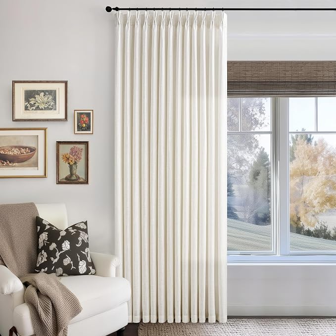 Pinch Pleated 84 Inch Wide Curtain 90 Inches Long Cream Ivory Beige Linen Curtain Drapes for Patio Sliding Glass Door with Hooks Rings Privacy 84 x 90 Inch Length Drapes Living Dining Room 1 Panel