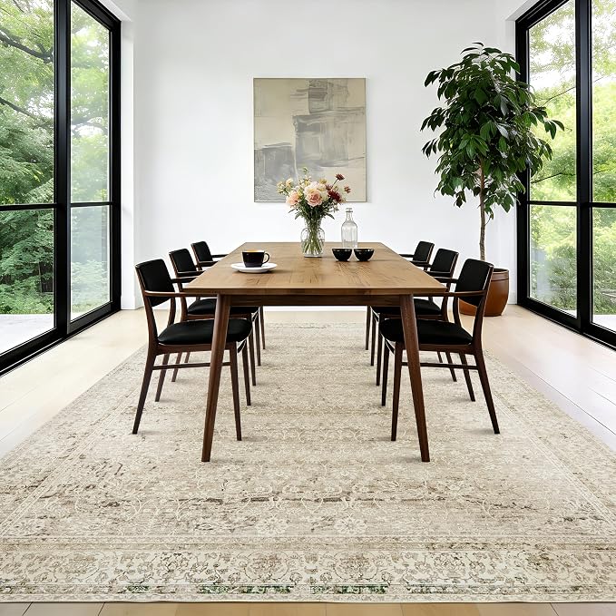 Cream and Light Tan Area Rugs Washable Rug for Living Room Bedroom, Distressed Floral Boho Vintage Style Non Slip Soft Rug Extra Large Carpet for Dining Room 9x12