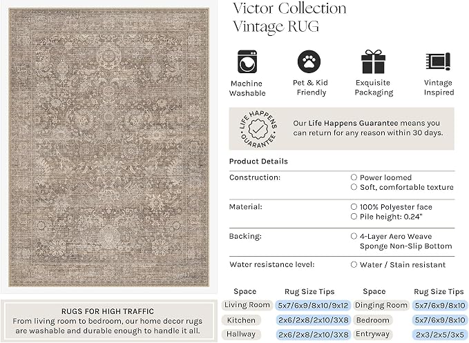 HUGEAR Area Rugs 3x5 Light Brown Washable Rug for Living Room Bedroom Neutral Vintage Rug Carpet Distressed Soft Durable Non Slip No Shedding for Indoor Dining Nursery Farmhouse