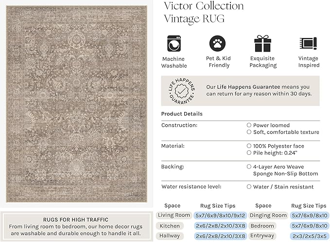 HUGEAR Area Rugs 8x10 Light Brown Washable Rug for Living Room Bedroom Large Neutral Vintage Rug Carpet Distressed Soft Durable Non Slip No Shedding for Indoor Dining Nursery Farmhouse