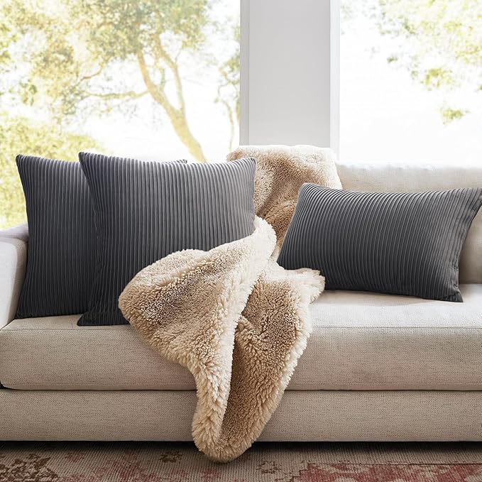 YCOLL Gray Pillow Covers 22x22 Set of 2 Velvet Striped Pattern - Soft Throw Pillows for Home Decor, Luxury Decorative Pillow Covers for Couch, Bed,Living Room