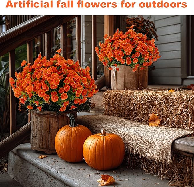 AXYLEX Artificial Fall Flowers Outdoor Fake Mums - 16 Bundles Fake Plants UV Resistant No Fade Faux Plastic Greenery Garden Morning Glory Home Decor (1, Orange)