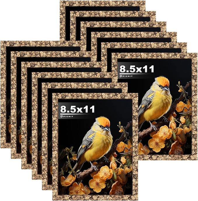 Picrit 8.5x11 Farmhouse Stone Spotted Picture Frame Set of 12, Display 6x8 with Mat or 8.5 x 11 without Mat, Country Photo Frames for Wall Mounting or Table Top Display, Rustic Brown