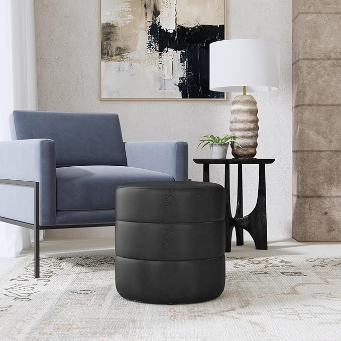 HomePop Upholstered Faux Leather Round Ottoman (No Lid, Seat Only) | HomePop Home Décor | Round Pouf Foot Rest – Black Faux Leather