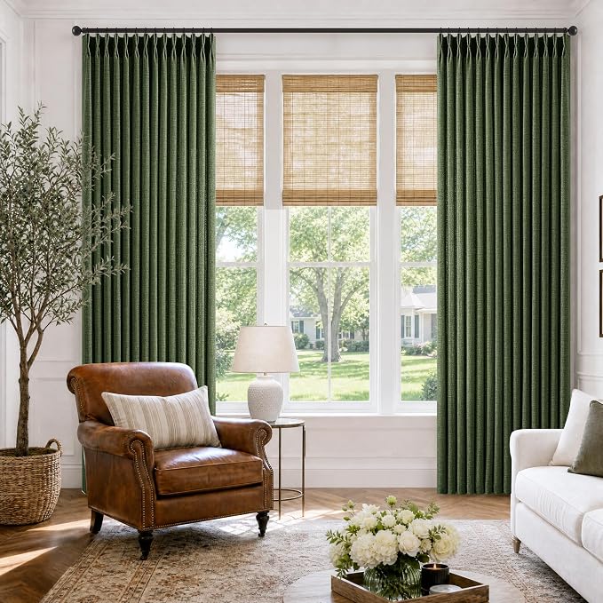 Pinch Pleated Linen Loden Curtains 86 Inches Length Memory Shaped Trained Semi Sheer Vintage Olive Green Window Drapes 86 Inch Long Back Tab Rings Pleat Curtains for Living Dining Room 2 Panels