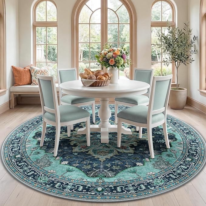 RELEANY Area Rugs 7ft Washable Non-Slip, Floral Vintage Distress Print Pattern Medallion Carpet for Living Room Bedroom Dining Room, Teal Green Lake Blue Turquoise