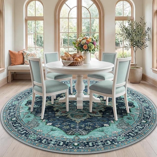 RELEANY Area Rugs 7ft Washable Non-Slip, Floral Vintage Distress Print Pattern Medallion Carpet for Living Room Bedroom Dining Room, Teal Green Lake Blue Turquoise