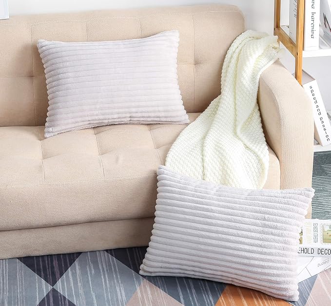 TangDepot Velvet Big Corduroy Pillow Covers 12x20 Light Grey 2-Pack | Soft wide-stripe corduroy pillow cover, hidden zipper, machine washable, easy refresh, for bedroom living room indoor outdoor