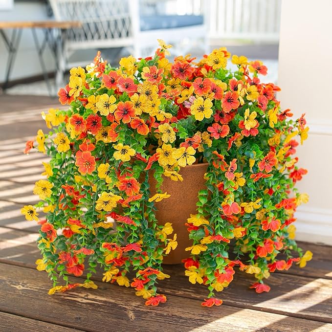 HyeFlora Artificial Flowers for Outdoors Decoration, 2Pcs Fake Hanging Spring Decor, Yellow and Orange Realistic Plants, UV & Fading Resistant Silk Flower for Porch Patio Balcony Planter Yard