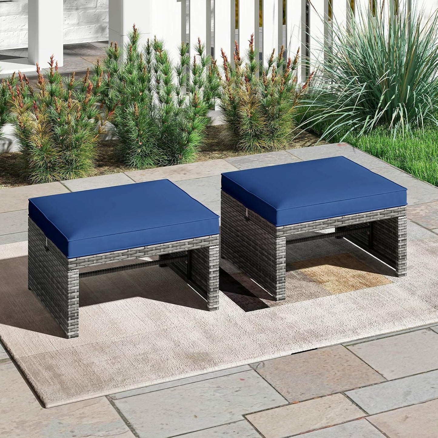 Tangkula 2 Pieces Patio PE Rattan Ottomans, Multipurpose Outdoor Footstool Footrest Additional Seating Side Table with Soft Zippered Cushions for Deck, Garden, and Yard (Navy Blue)