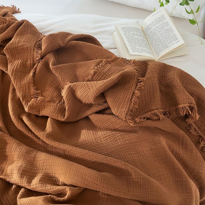 MooMee Muslin Blanket - 100% Cotton 4-Layer Gauze Throw Blanket with All-Around Fringe, Soft Breathable Lightweight Cooling Summer Blankets for Bed Couch (Drak Orange,Queen 90" x 90")