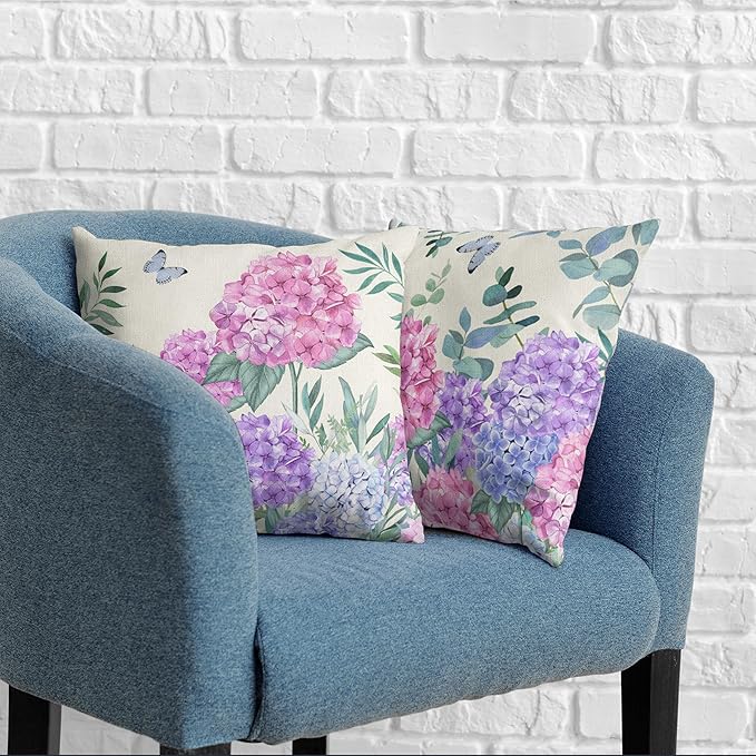 Pink Hydrangea Pillow Covers Spring Flowers Outdoor Pillow Covers 20x20 Set of 2 Purple Pink Hydrangea Eucalyptus Pillow Case Cotton Linen Cushion Case for Sofa Garden Patio