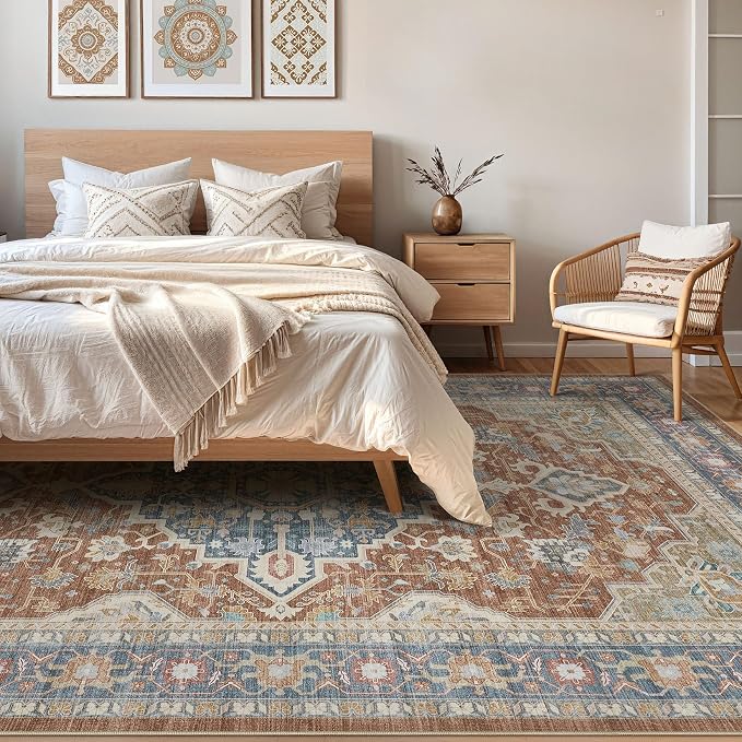 7x10 Area Rug Living Room: Washable Boho Large Neutral Vintage Soft Rug Stain Resistant Farmhouse Non-Slip Indoor Floor Carpet for Bedroom Nursery Kids Playroom Office Dining Room- Red Multi