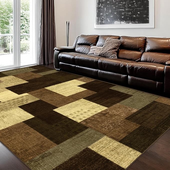 Modern Geometric Patchwork Indoor Area Rug for Living Room, Warm Taupe 10x14 Large Rug Rockwood Collection Hardwood Floors Decor for Bedroom, Taupe Throw Carpet for Office Entryway Dining Room