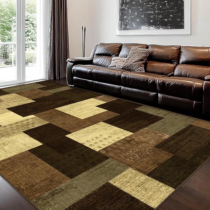 Modern Geometric Patchwork Indoor Area Rug for Living Room, Warm Taupe 9x12 Large Rug Rockwood Collection Hardwood Floors Decor for Bedroom, Taupe Throw Carpet for Office Entryway Dining Room