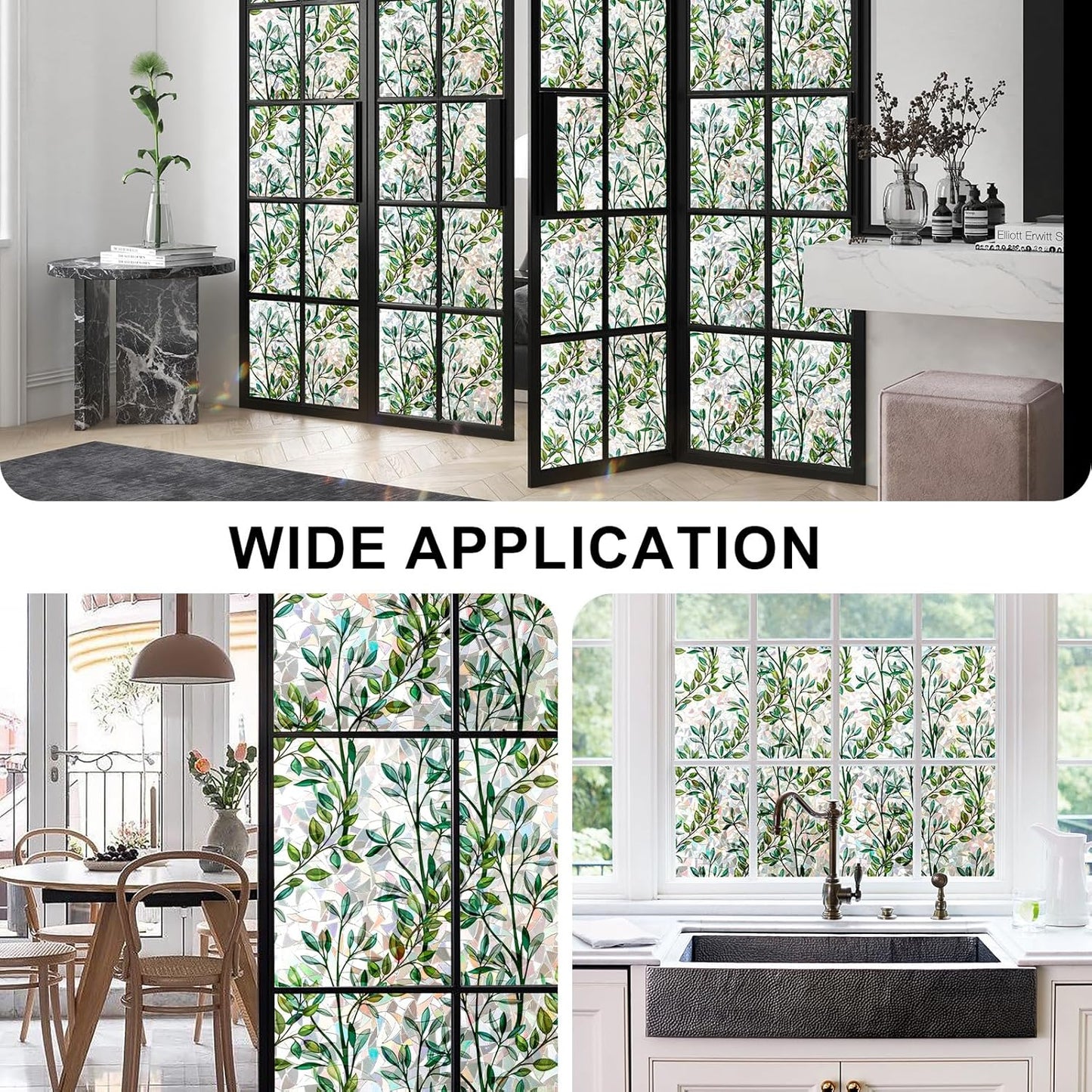 Rainbow Window Privacy Film 3D Leaf Decorative Stained Glass Window Film Anti UV Non-Adhesive Reusable 23.6" x 78.7" for Home Room Car Glass Cling