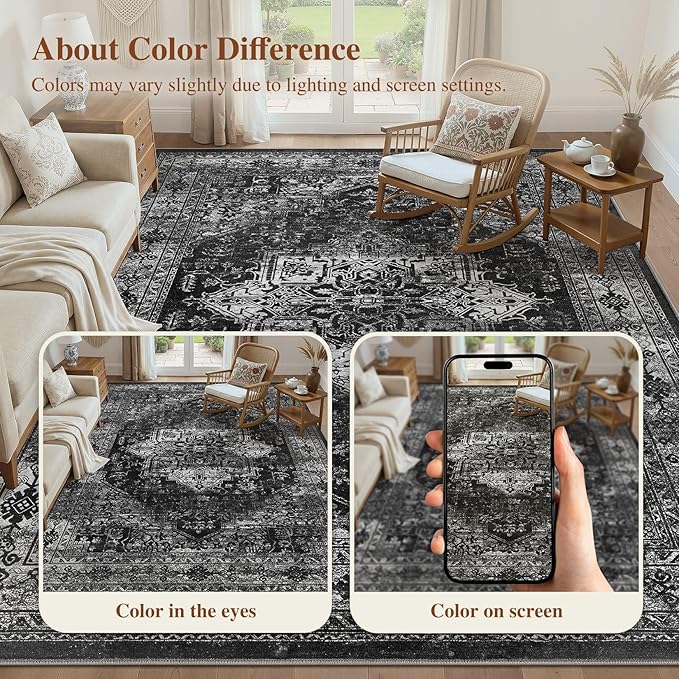 UERMEI 10x14 Area Rug Living Room Rugs - Washable Vintage Soft Large Rug Indoor Floor No Slip Rug Carpet for Bedroom Farmhouse Under Dining Table Home Office Decor - Black