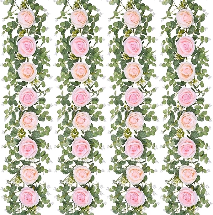 Dolicer 4Pcs 26 Ft Artificial Eucalyptus Garlands with Flowers - 8 Roses, Faux Floral Greenery Garlands Fake Flowers Vines for Wedding Table Centerpieces Arch Party Ceremony Backdrop Decor (Pink)