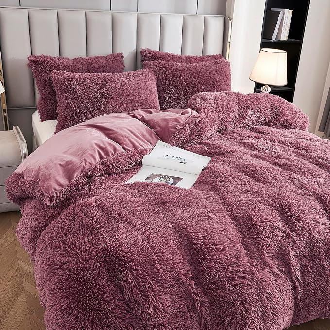 Faux Fur Velvet Fluffy Bedding Duvet Cover Set Down Comforter Quilt Cover with Pillow Shams, Ultra Soft Warm and Luxury (King, Dusty Rose)
