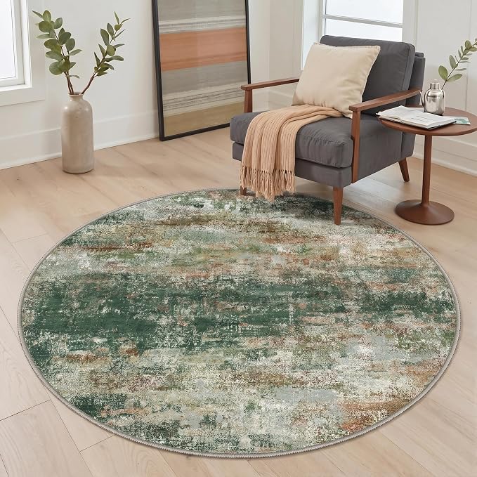 BEIMO Round Rugs 5ft for Living Room Bedroom, Modern Abstract Machine Washable Rug, Large Soft Low Pile Indoor Floor Carpet with Non Slip Backing for Dining Room, Green/Brown