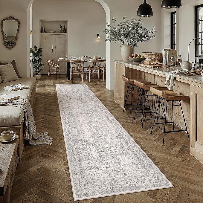 PureCozy Gray Runner Rug 2'6"x12' Washable Carpet for Hallway Kitchen Vintage Distressed Non Slip Indoor Grey Retro Floral Bedroom Accent Throw Long Rug Bathroom Office Laundry Dining Living Room